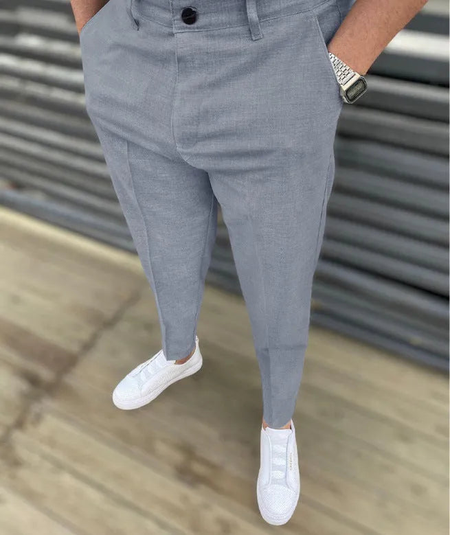 Men's thin striped slim casual trousers in chemical fibre blend, mid waist, button fly, available in multiple colours