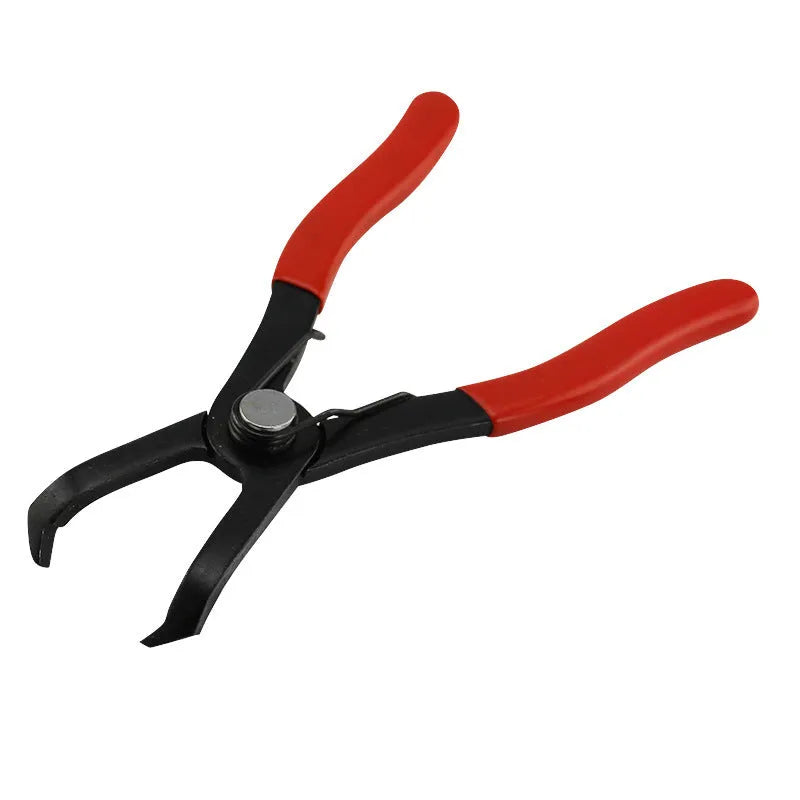 Red round nail removal pliers with PVC handles for automotive door panel and trim work