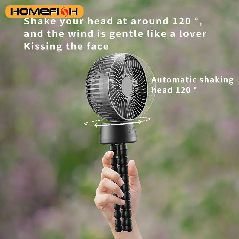 HOMEFISH F2 automatic oscillating stroller fan with LED light and removable mount on a pram.