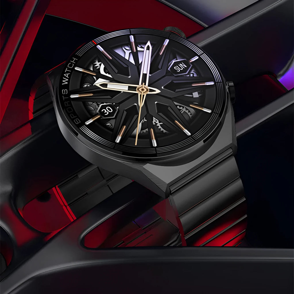 Women's smart watch with 1.5 inch IPS screen, heart rate sensor, and black leather strap on a wrist