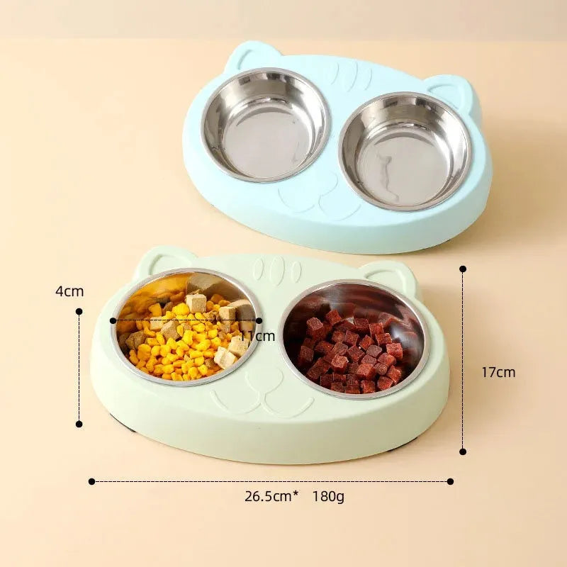 Blue plastic pet feeding tray with double bowl design and four compartments for cat or dog food and water