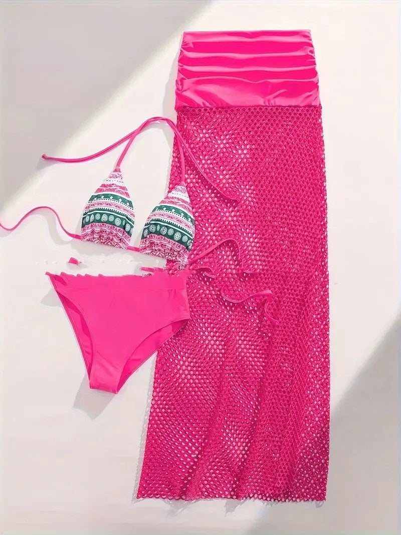 Women's brown bikini set with long fishnet skirt and gradient pattern