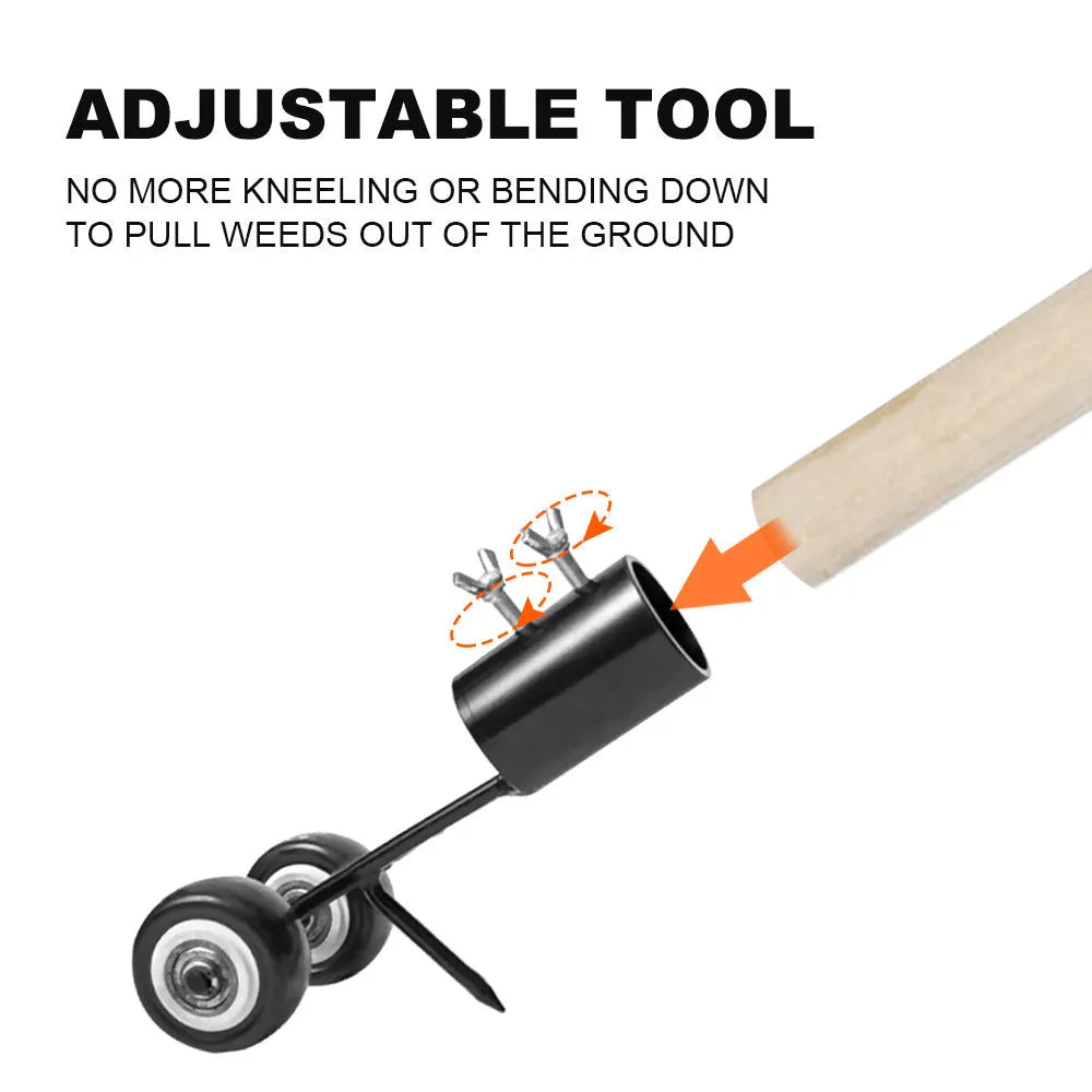 Manual portable gardening tool set with telescopic rod, gap weeder head, sickle, and stainless steel puller for weed removal