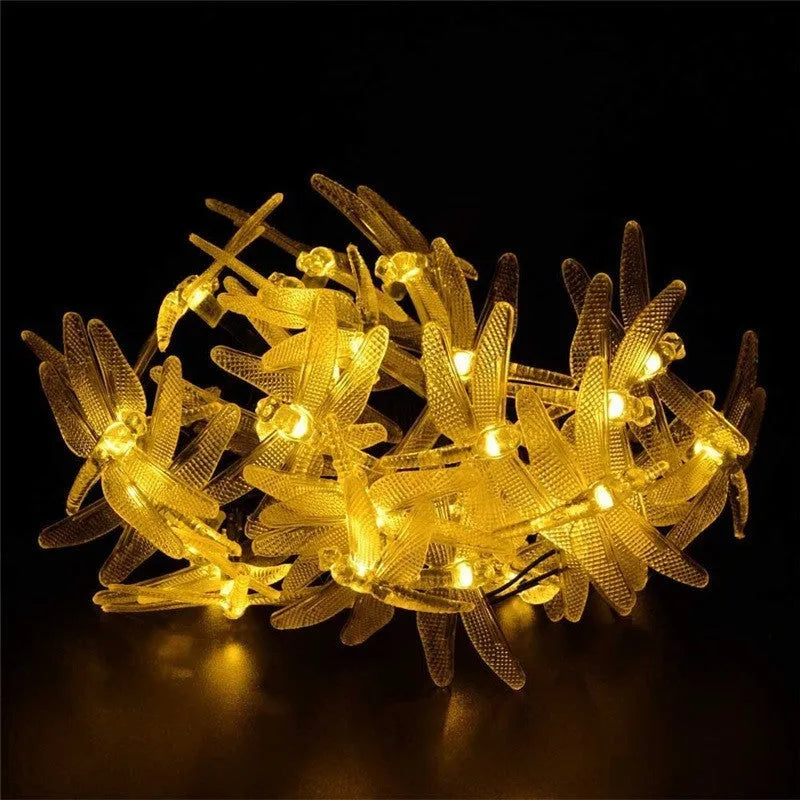 Outdoor solar LED string light with 30 warm white bulbs on a 5-metre cable, solar panel with spike, IP65 waterproof