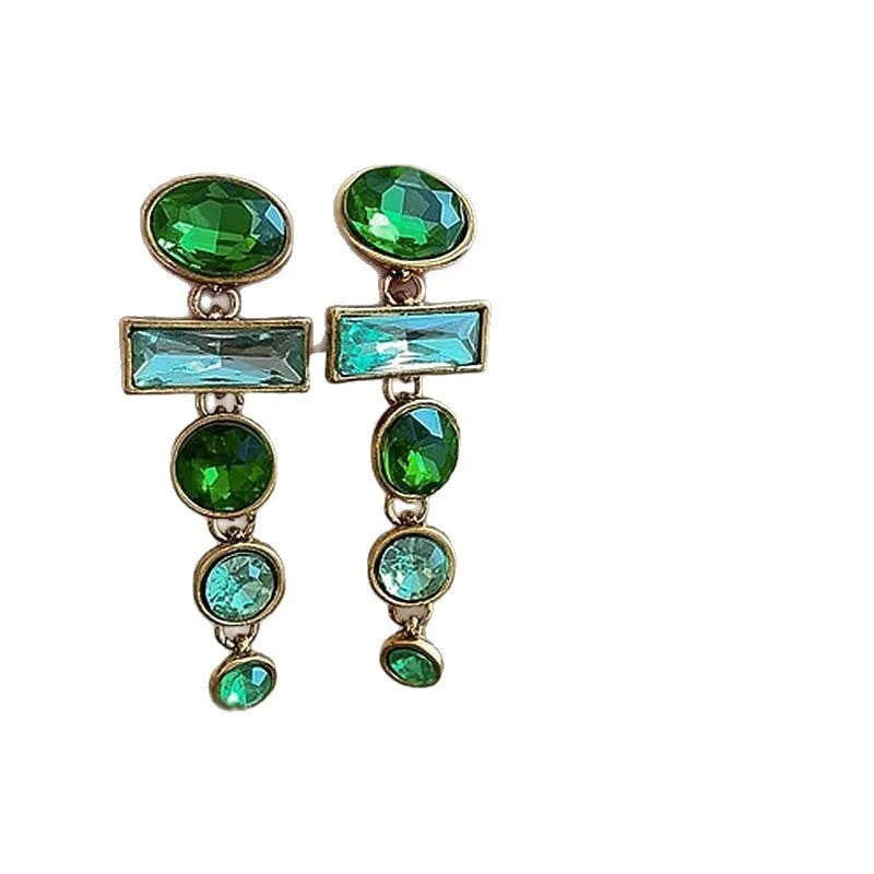 A pair of geometric Chinese style alloy earrings with a retro green gradient finish and zircon-inlaid tassels.
