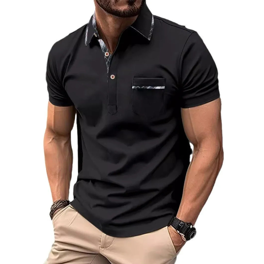 European and American lapel polo shirt with bird eye cloth fabric, asymmetric dot pattern, short sleeves, available in black