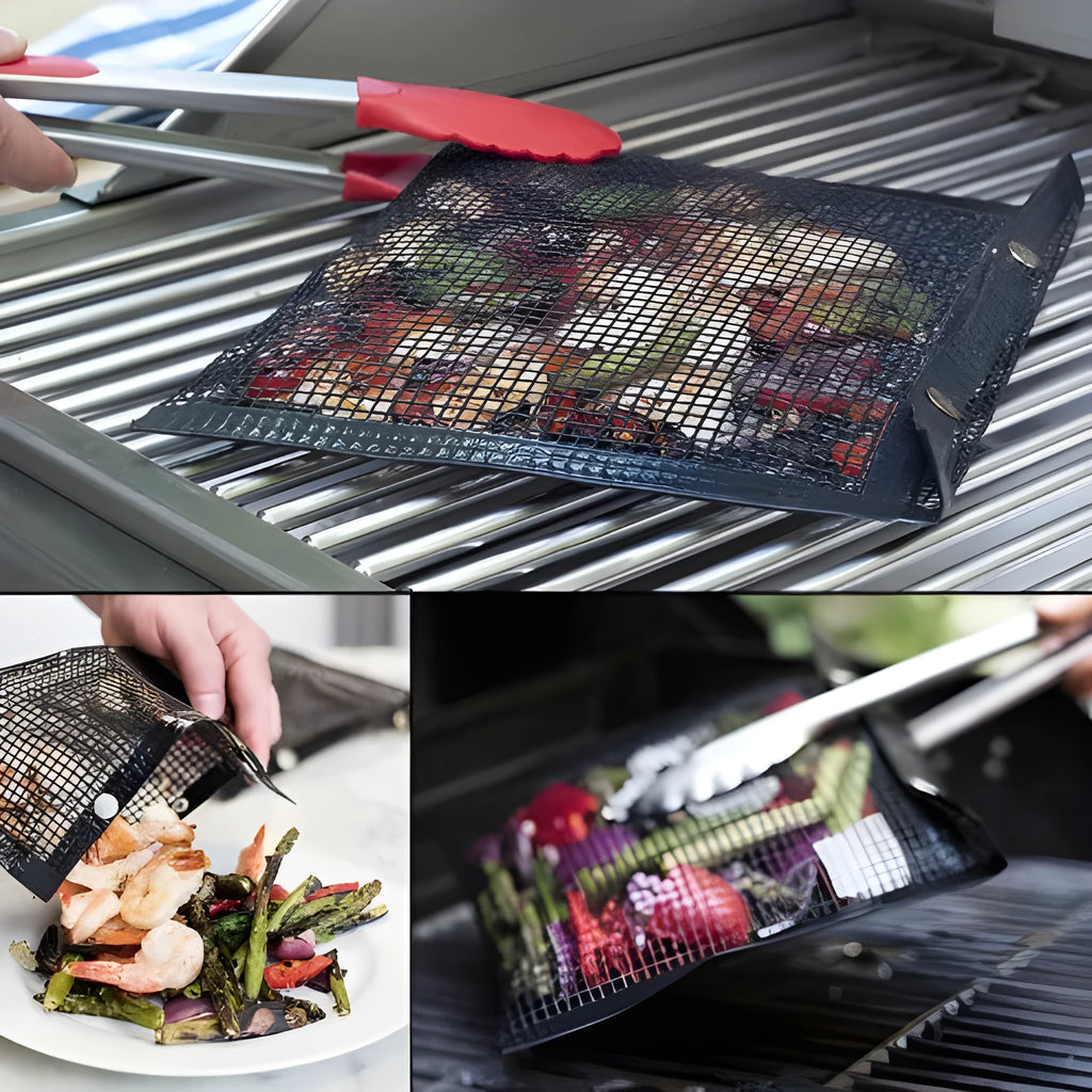 Reusable non-stick BBQ grill mesh bag on a grill with food, heat-resistant and food-safe