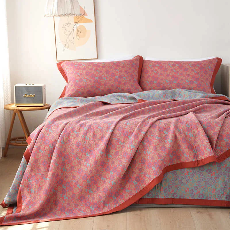 Cotton gauze bed blanket set with floral pattern including blanket and two pillowcases