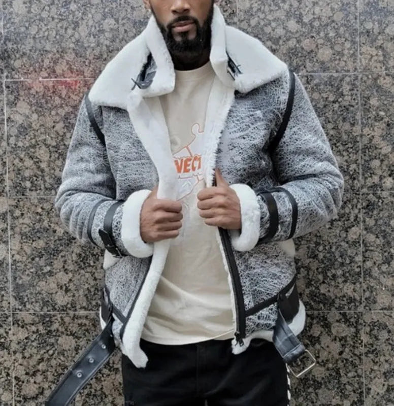 Men's off-white polyester jacket with large fur collar, zipper closure, loose fit in grey colour