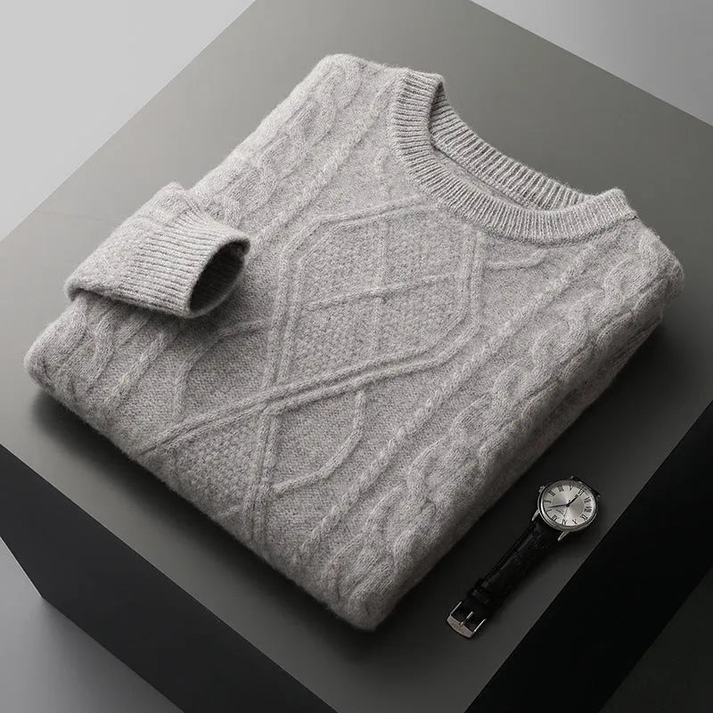 Men's oversized thick knit jacquard pullover sweater in AB Gray with twist round neck and long sleeves