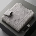 Men's oversized thick knit jacquard pullover sweater in AB Gray with twist round neck and long sleeves