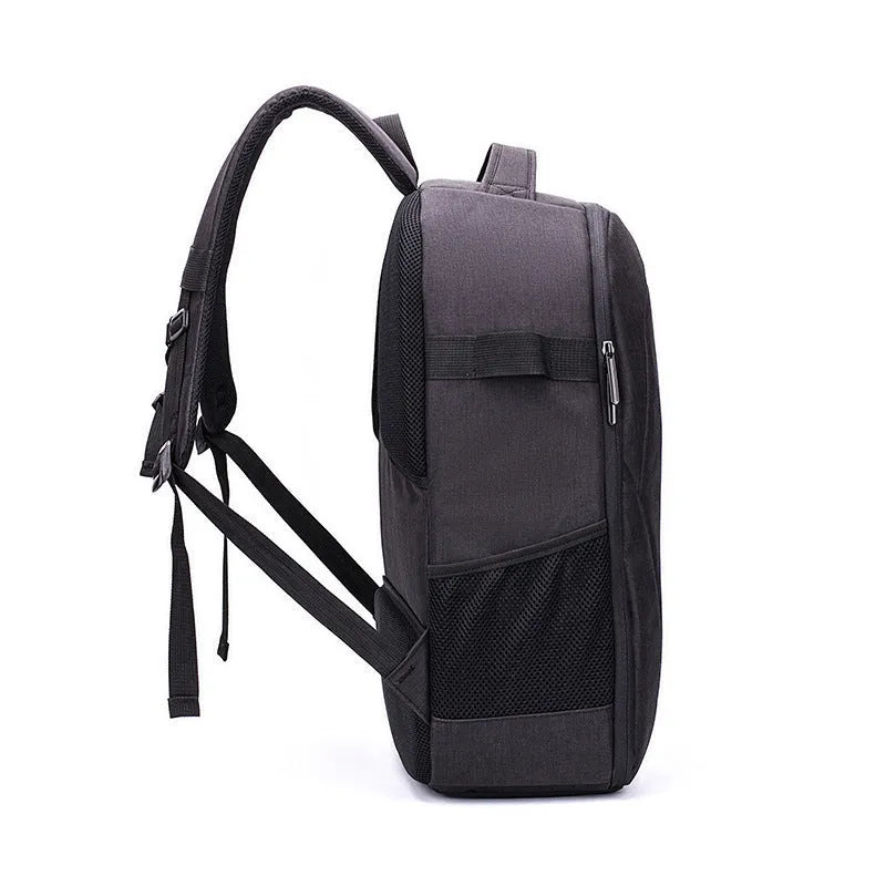 Black waterproof Oxford cloth drone backpack with multiple internal pockets for cameras and equipment.