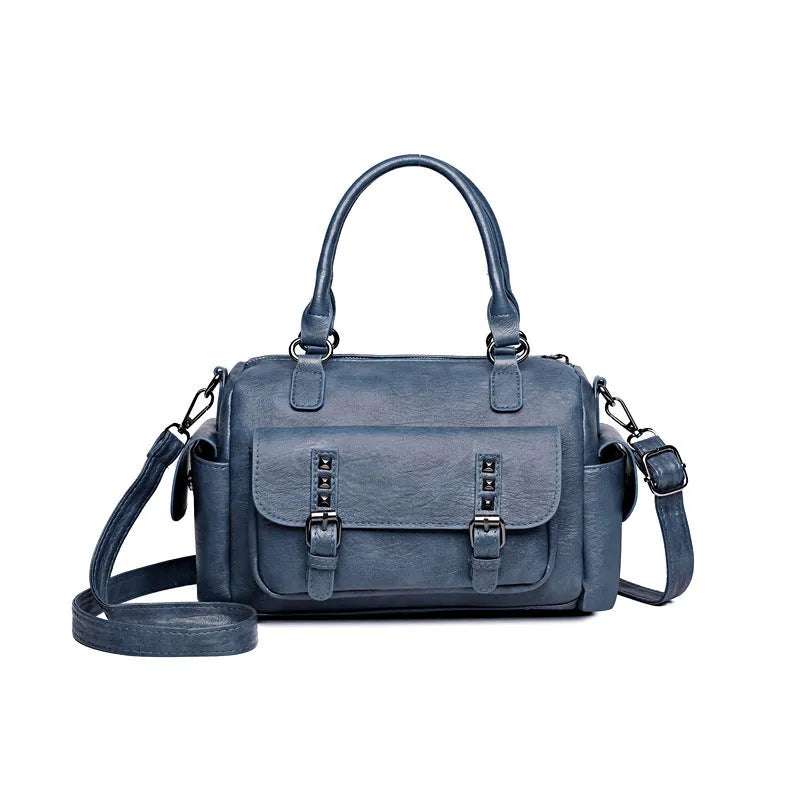 Vintage messenger bag in horizontal square shape with contrast stitching, available in multiple colours