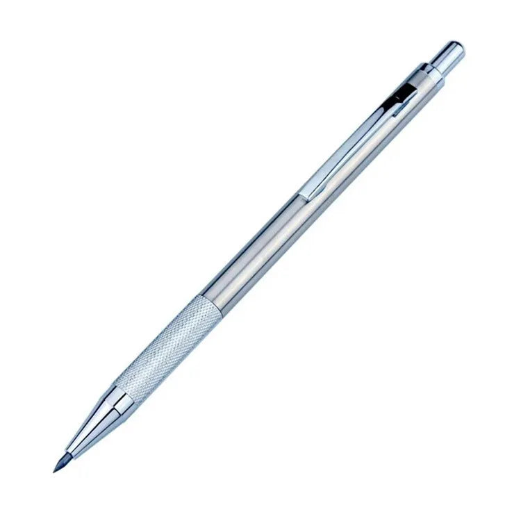 A metal mechanical pencil for drafting and writing with multiple lead size options.