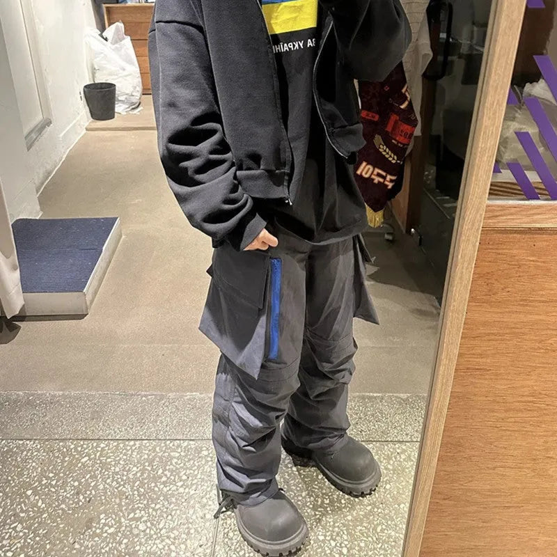 Multi-pocket contrast zip casual baggy pants in Dark Grey cotton, loose fit and mid-waist design