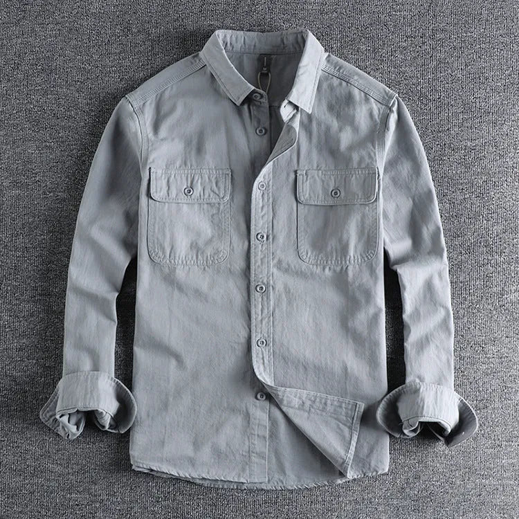 Men's loose fit long sleeve shirt overalls in cardigan style with polyester construction