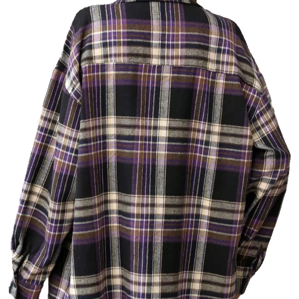 Women's loose-fit retro plaid cotton shirt in black, shown on a hanger