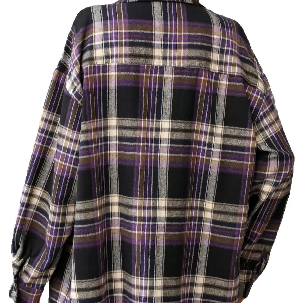 Women's loose-fit retro plaid cotton shirt in black, shown on a hanger