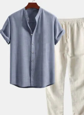 Men's loose fit linen-blend short sleeve shirt and trousers casual suit set on a hanger.