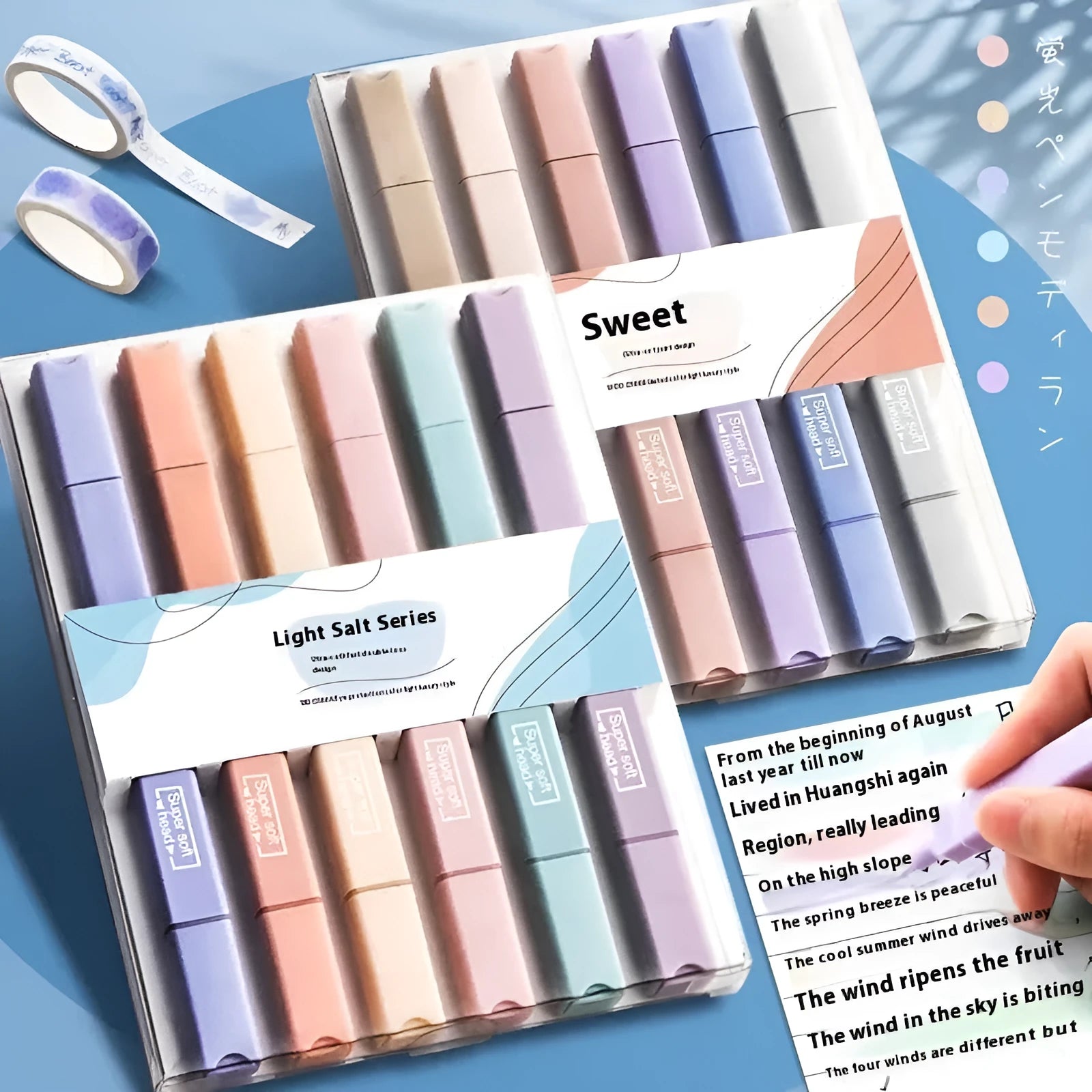 Set of double-ended fluorescent marking pens showing two different coloured nibs on each pen