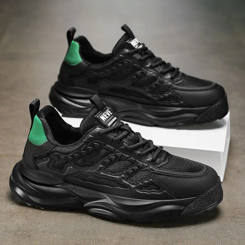 Men's breathable mesh shoes in white or black with PU mesh upper and round toe design