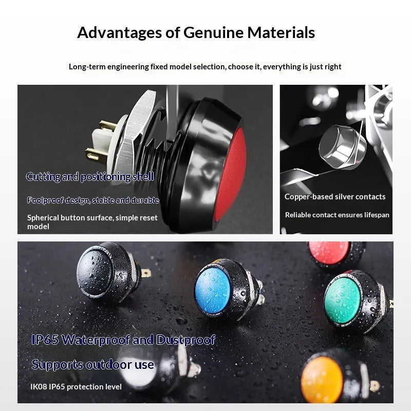 12mm spherical head self-resetting push button switch with silver-plated contacts and waterproof protection