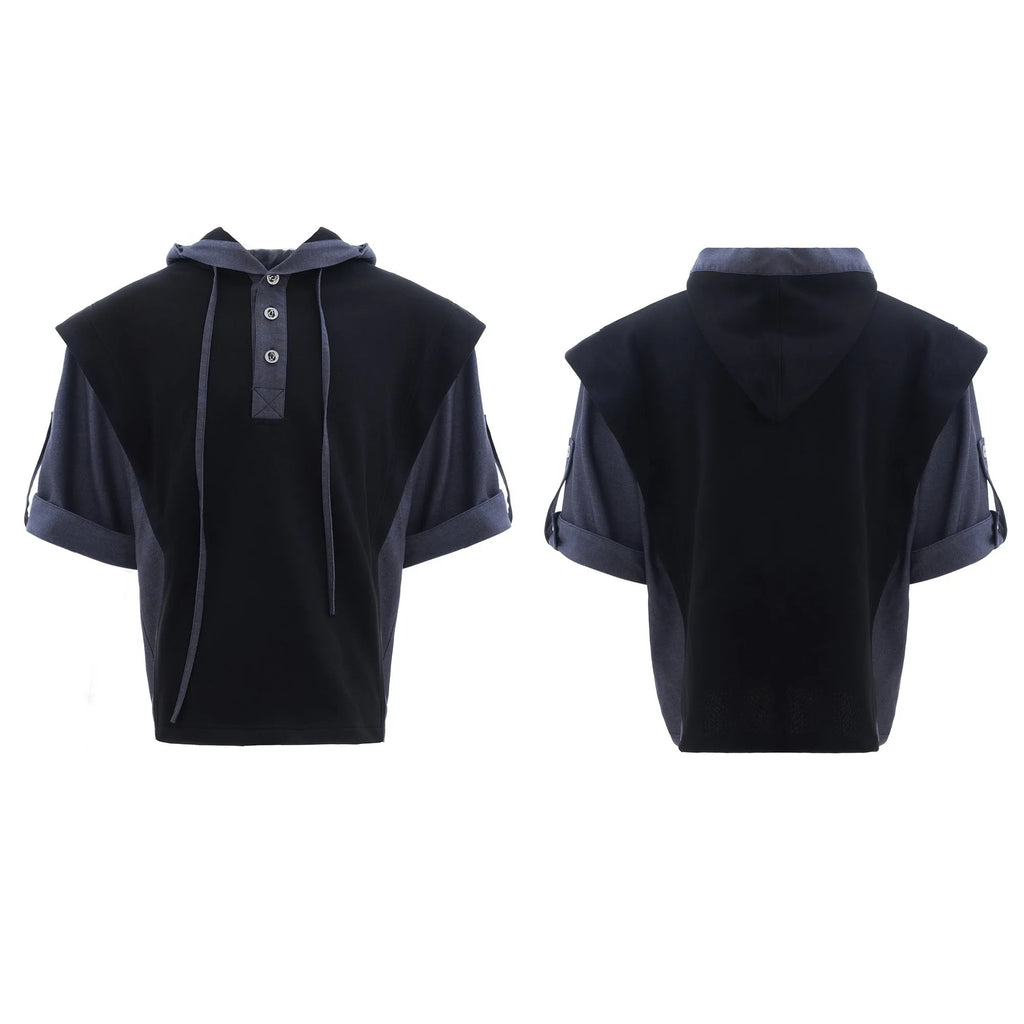 Men's black and grey polyester tracksuit with hooded jacket featuring three-dimensional stitching design