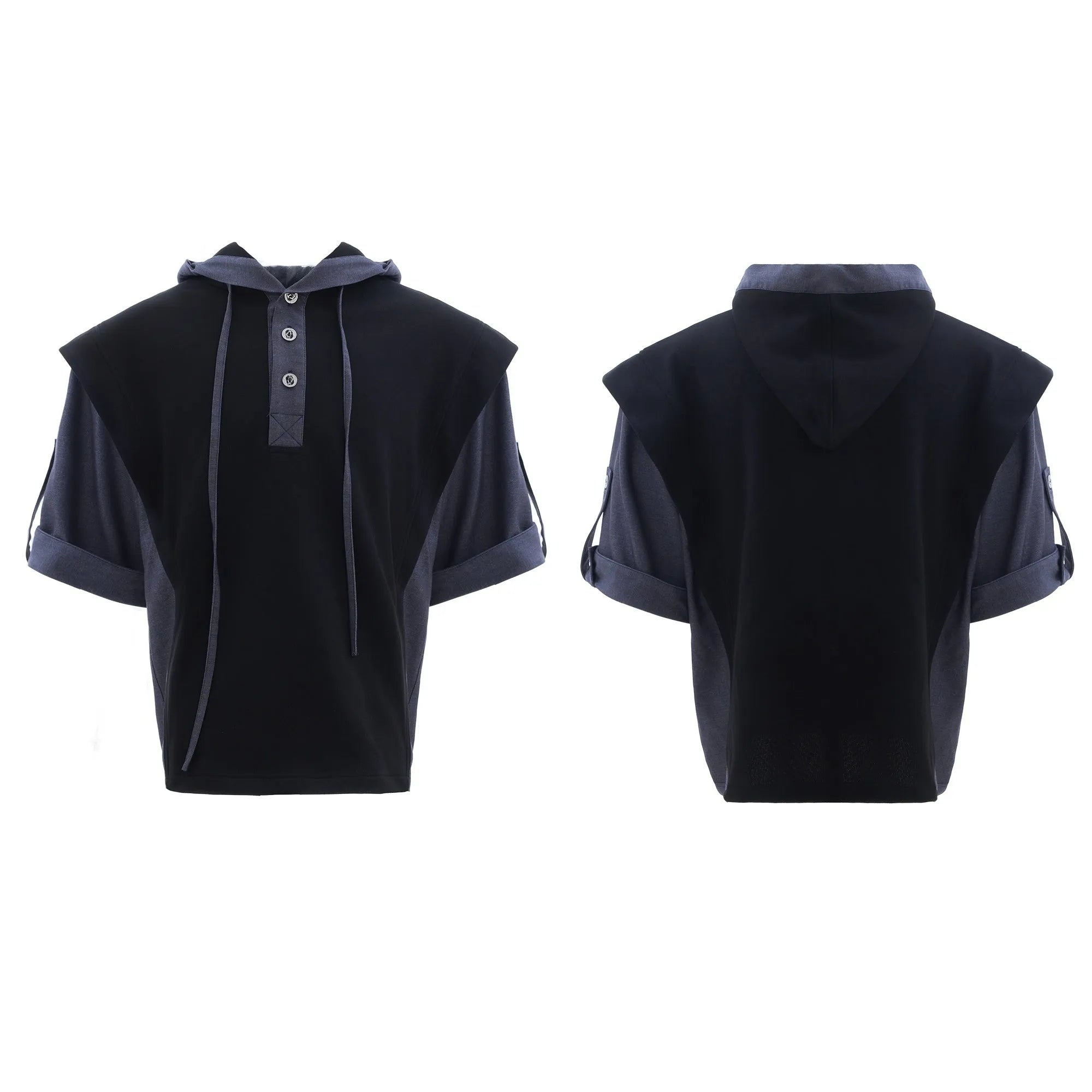 Men's black and grey polyester tracksuit with hooded jacket featuring three-dimensional stitching design