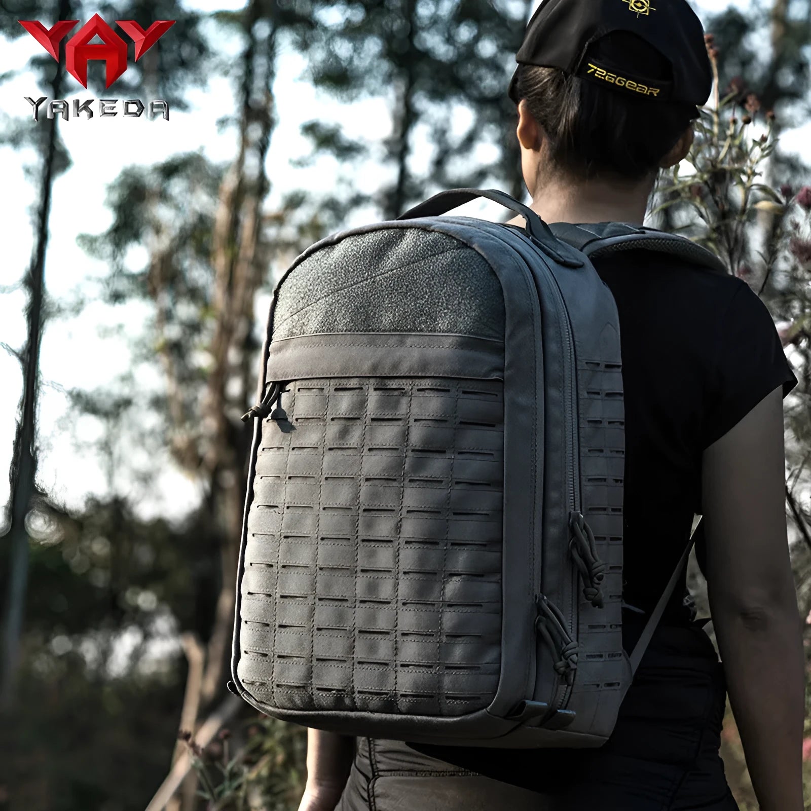 Outdoor hiking backpack in camouflage 600D polyester with 36-55L capacity and ergonomic shoulder strap