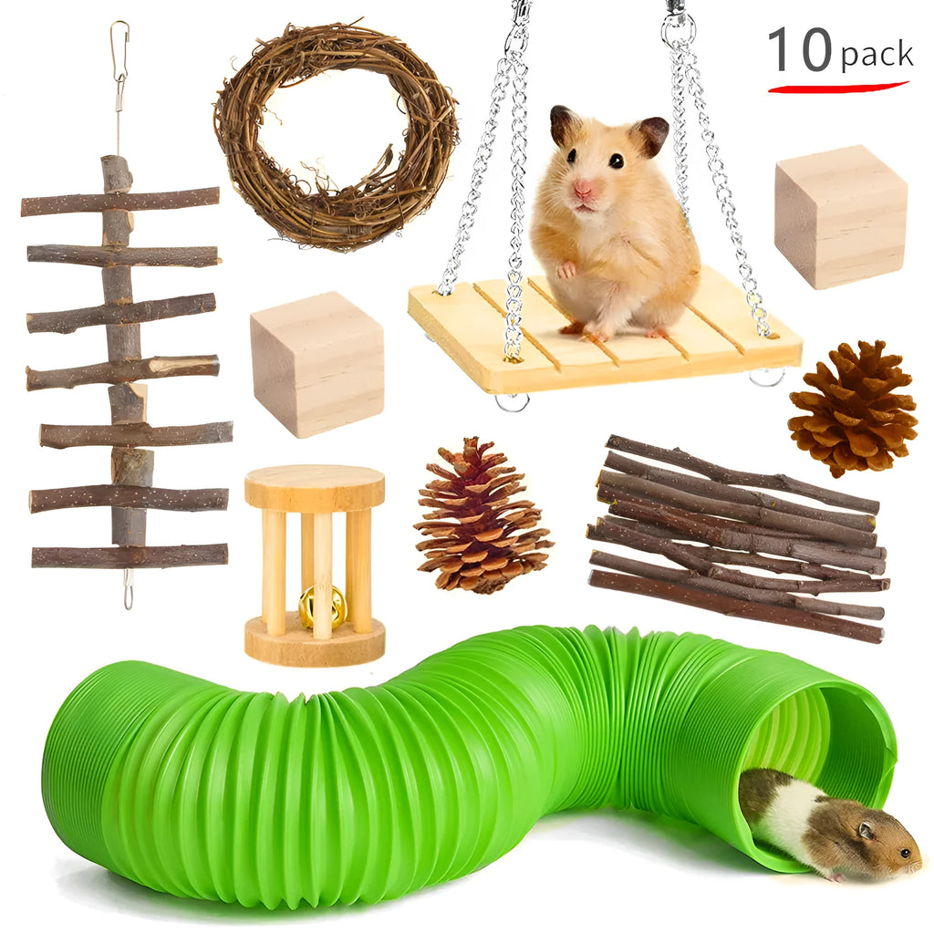 Assortment of natural wooden and woven chew toys for small pets like rabbits and parrots.