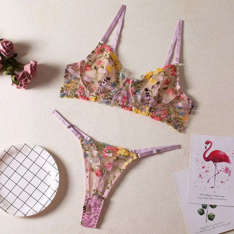 Floral mesh bra and T-back underwear set with steel ring detailing in skin colour option
