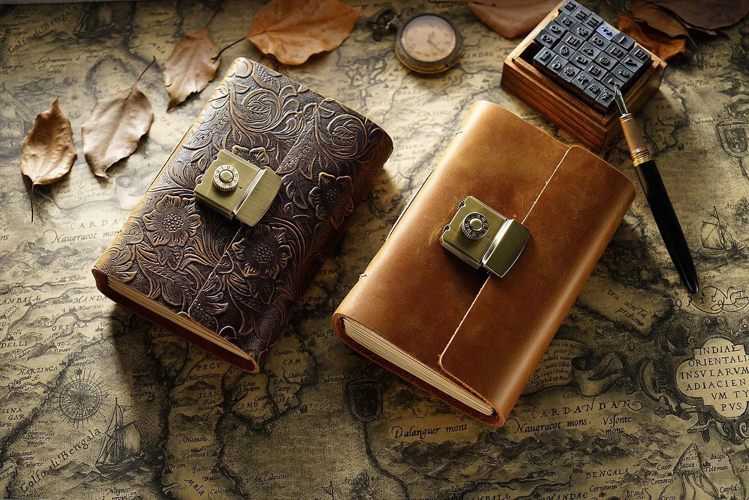 Vintage cowhide leather journal open on blank brown paper pages, A5 size, Crazy Horse brown colour with distressed finish