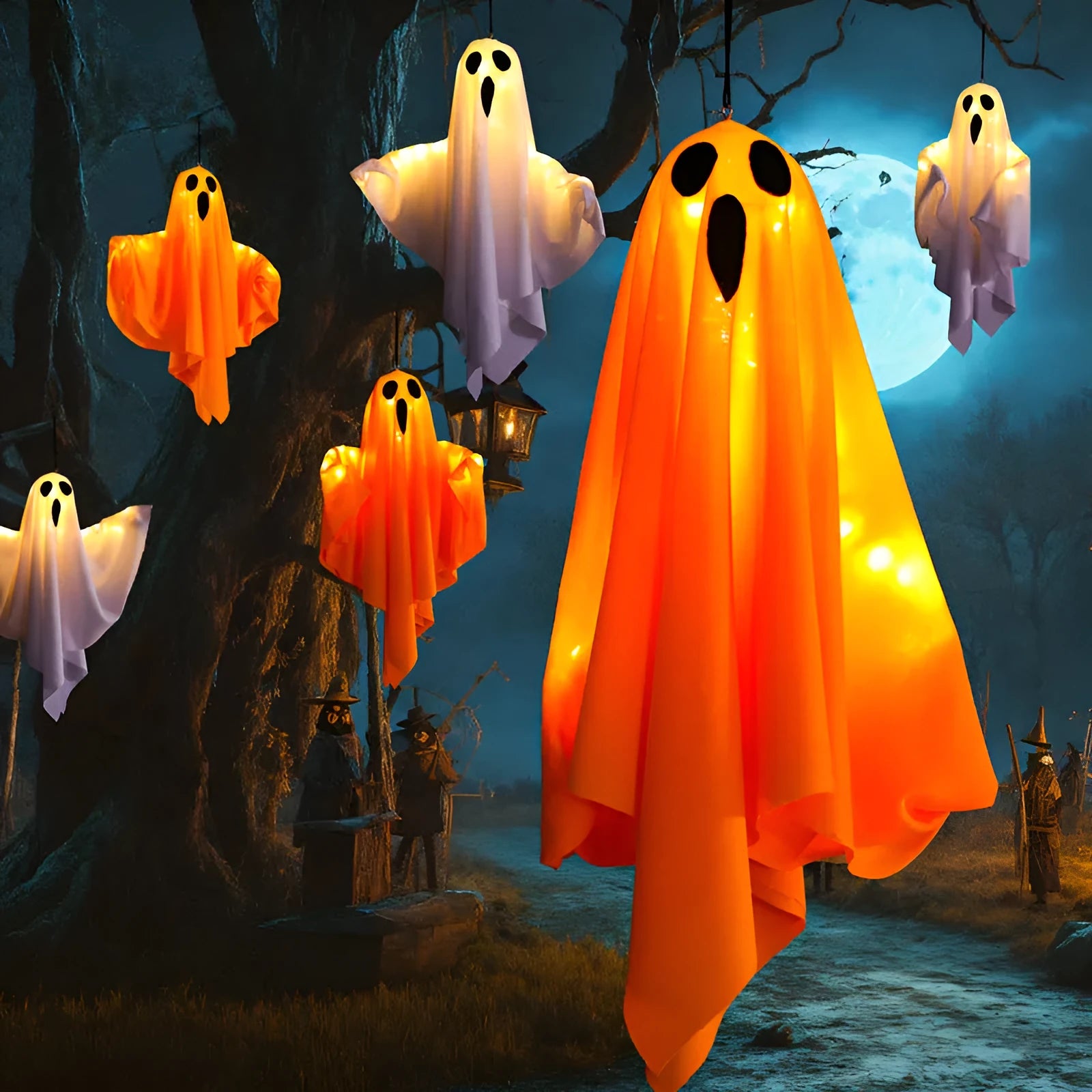 Halloween ghost light decoration with luminous white cloth design and 4.5V button battery operation