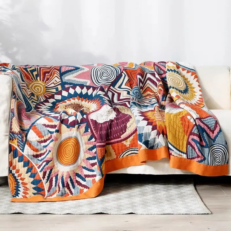 Roulette wheel blue pattern five-layer pure cotton gauze bed sheet blanket showing modern simplicity design