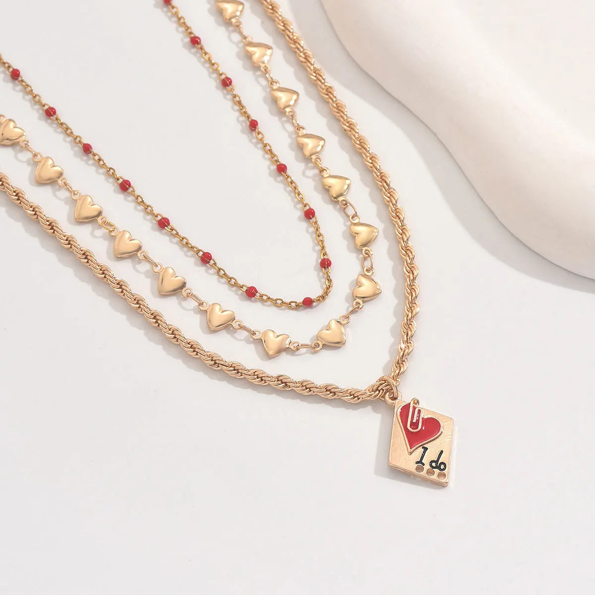 Three-layer zinc alloy clavicle chain necklace with heart pendant, adjustable 41-50cm length