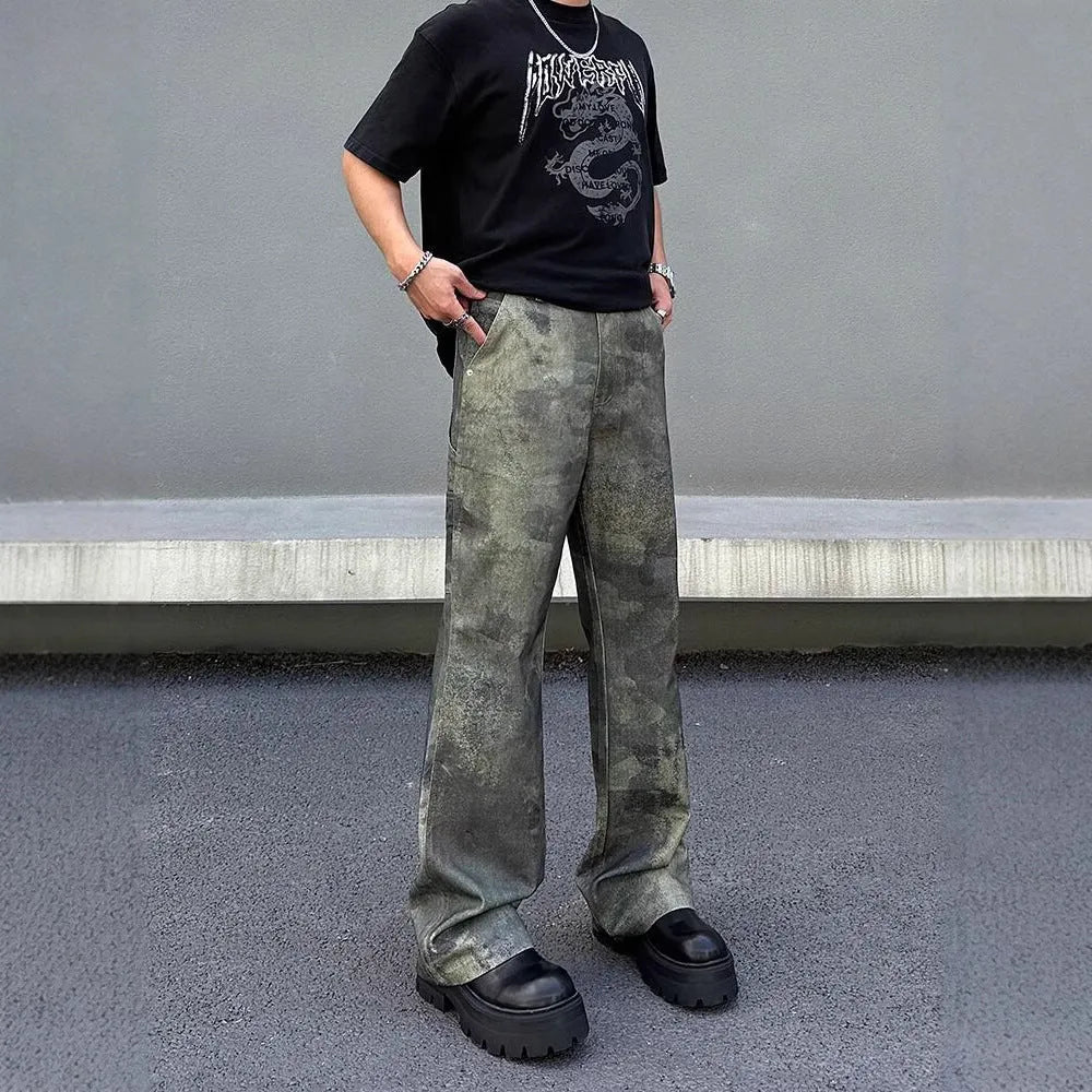 Men's straight leg jeans with digital camouflage pattern in denim fabric