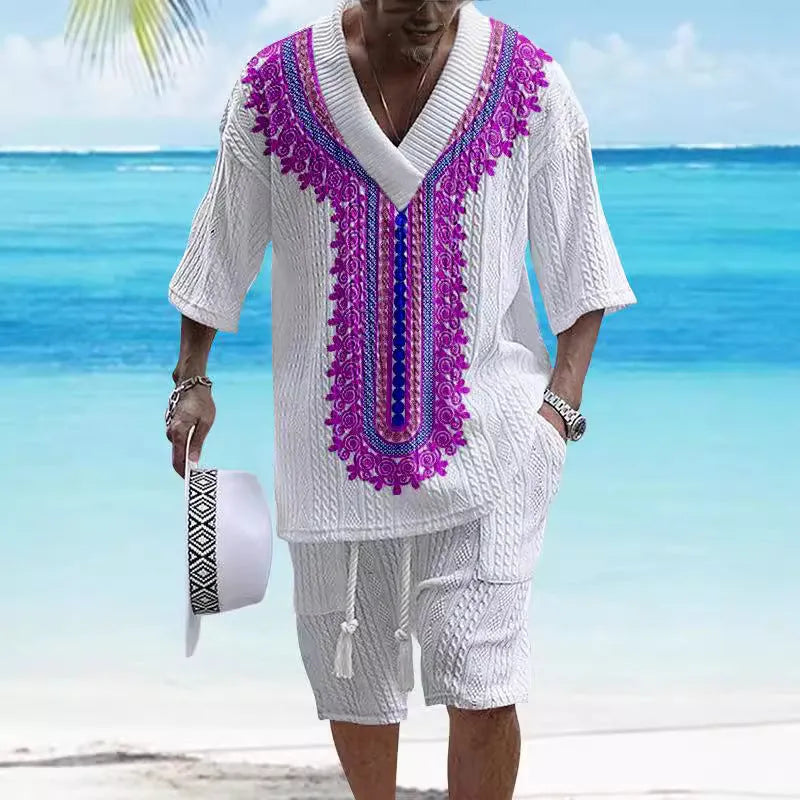 Men's printed knitted shorts suit with drop-shoulder short-sleeved top and matching shorts
