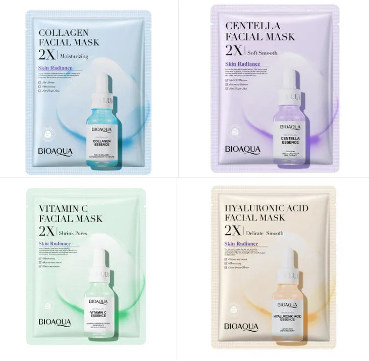 Collagen and Hyaluronic Acid facial sheet mask set with 30g gel formula on white background