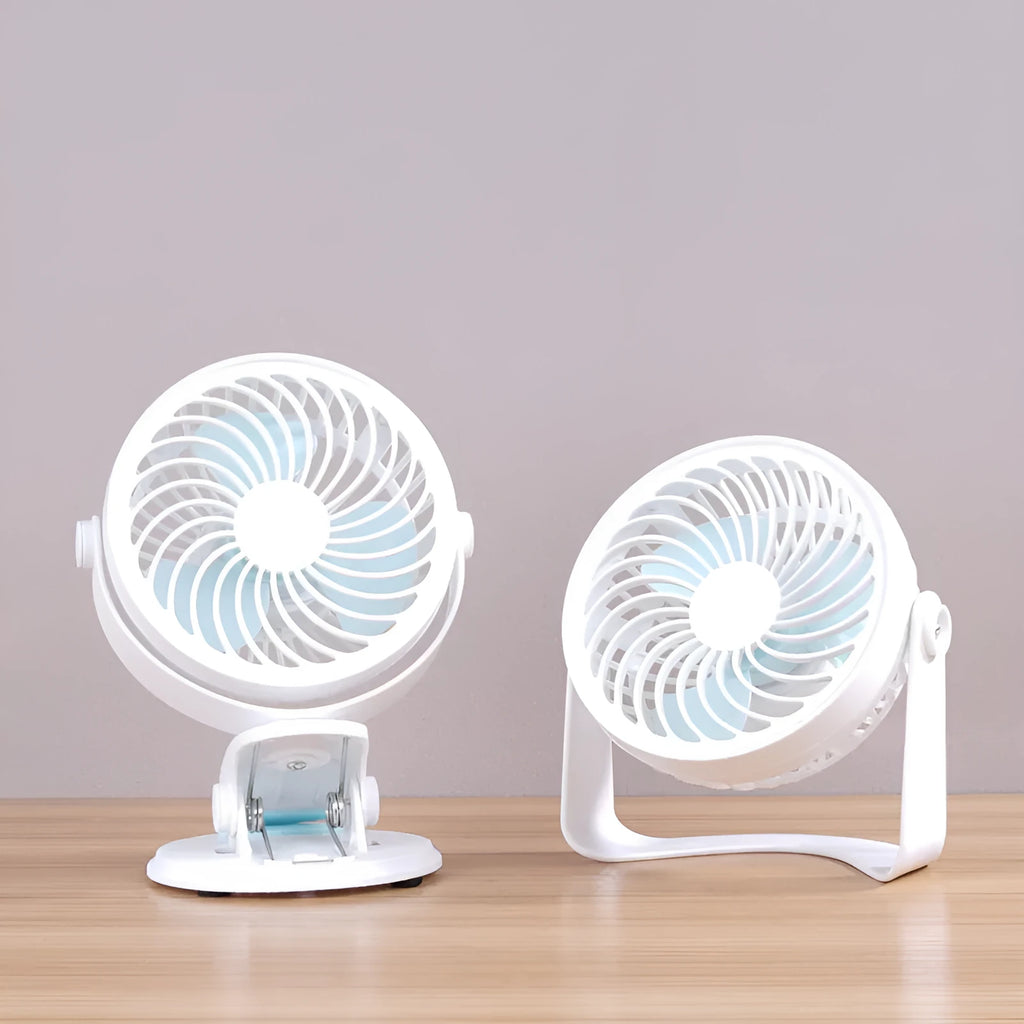 USB quiet desk fan with clip or floor stand options measuring 19×15×10cm