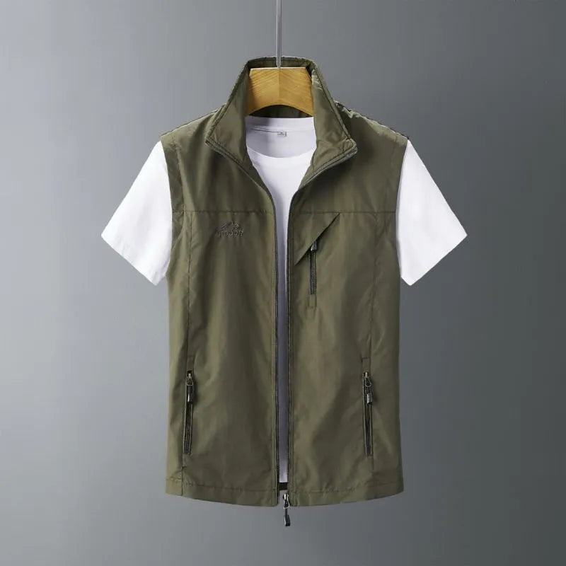 Man wearing a slim-fit army green rabbit fur waistcoat vest with a hood.