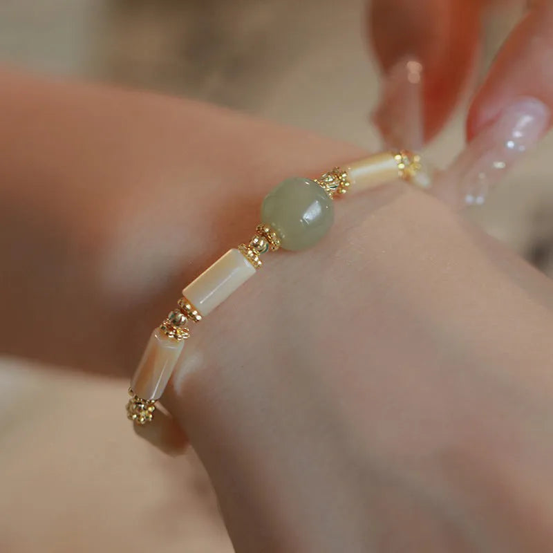 Handmade Hetian Jade white lip shell bracelet with round natural jade beads in geometric style