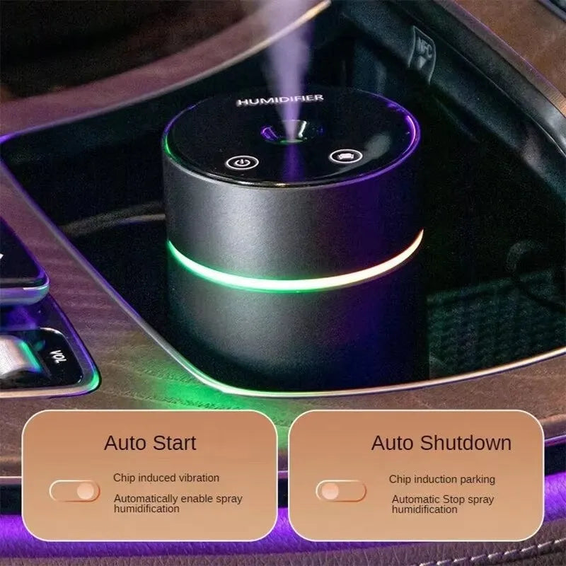 Aluminium car and desktop humidifier diffuser with 260ml tank and colourful LED light on black background.