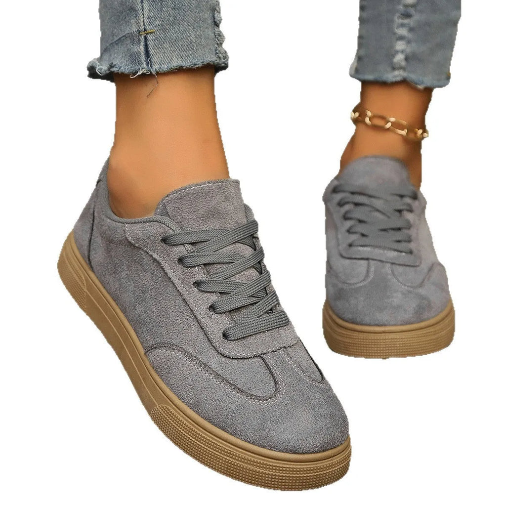 Women's casual lace up shoes with round toe, cross shoulder straps, low heel, in khaki colour