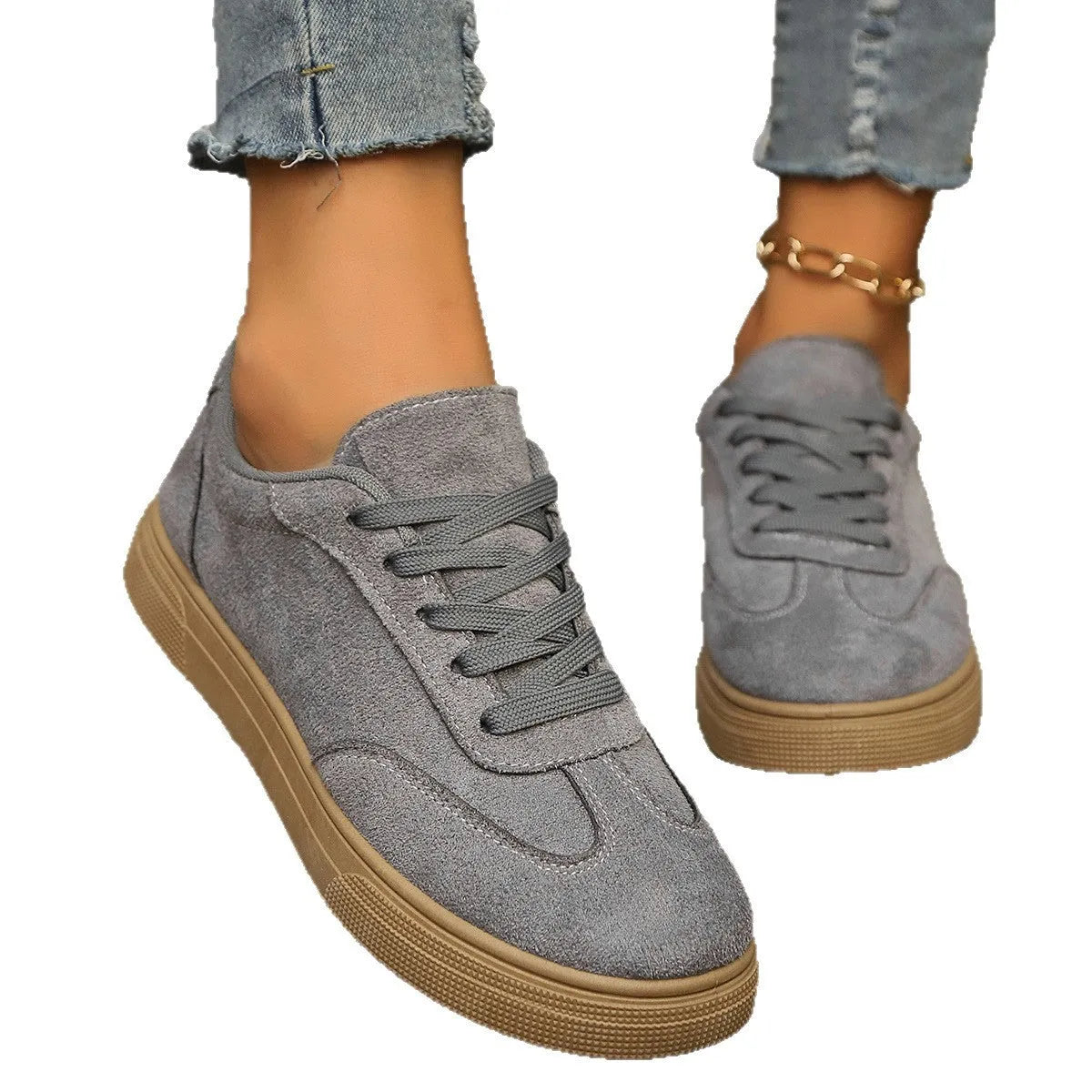Women's casual lace up shoes with round toe, cross shoulder straps, low heel, in khaki colour