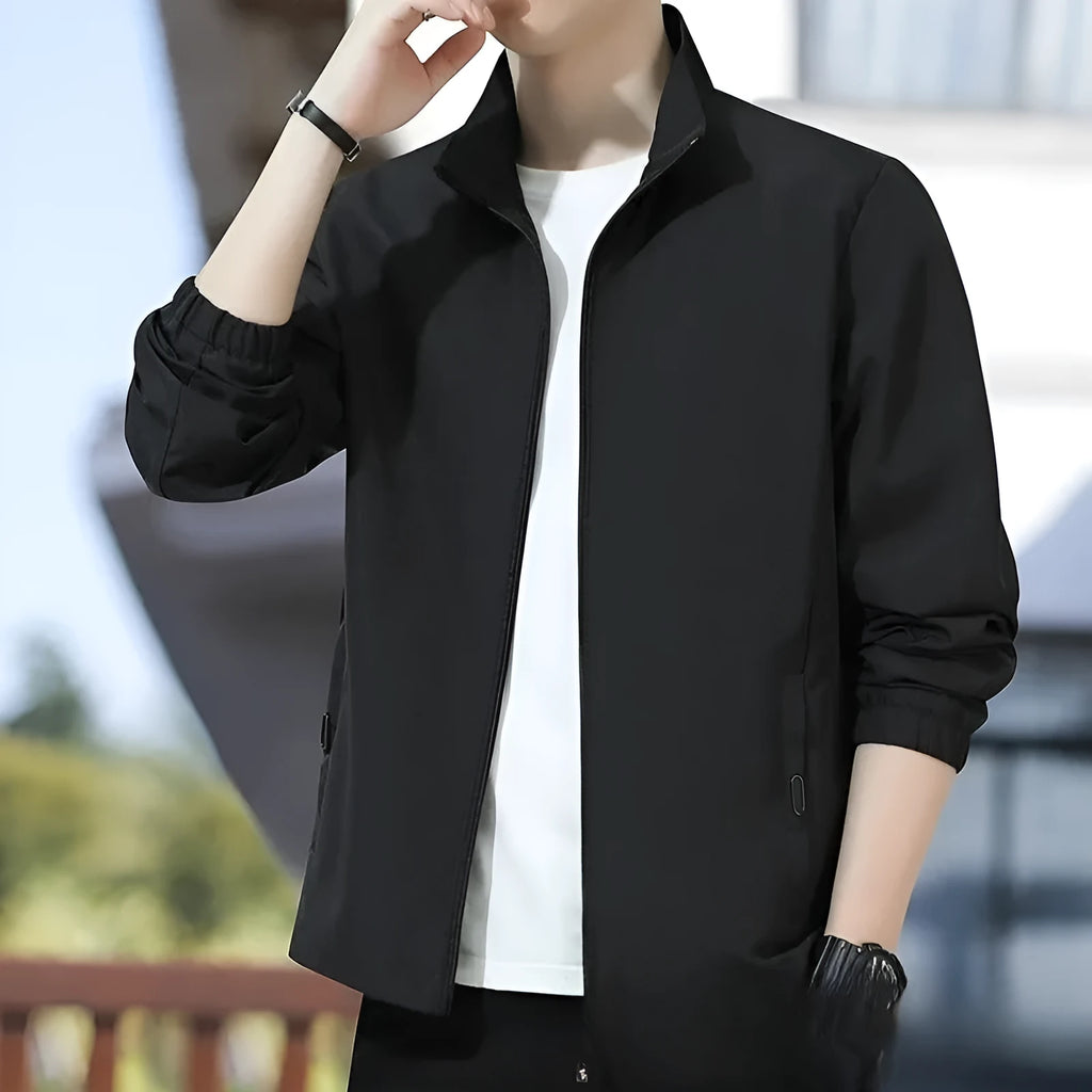 Korean style loose fit men's autumn jacket in black, shown with zip front and pockets