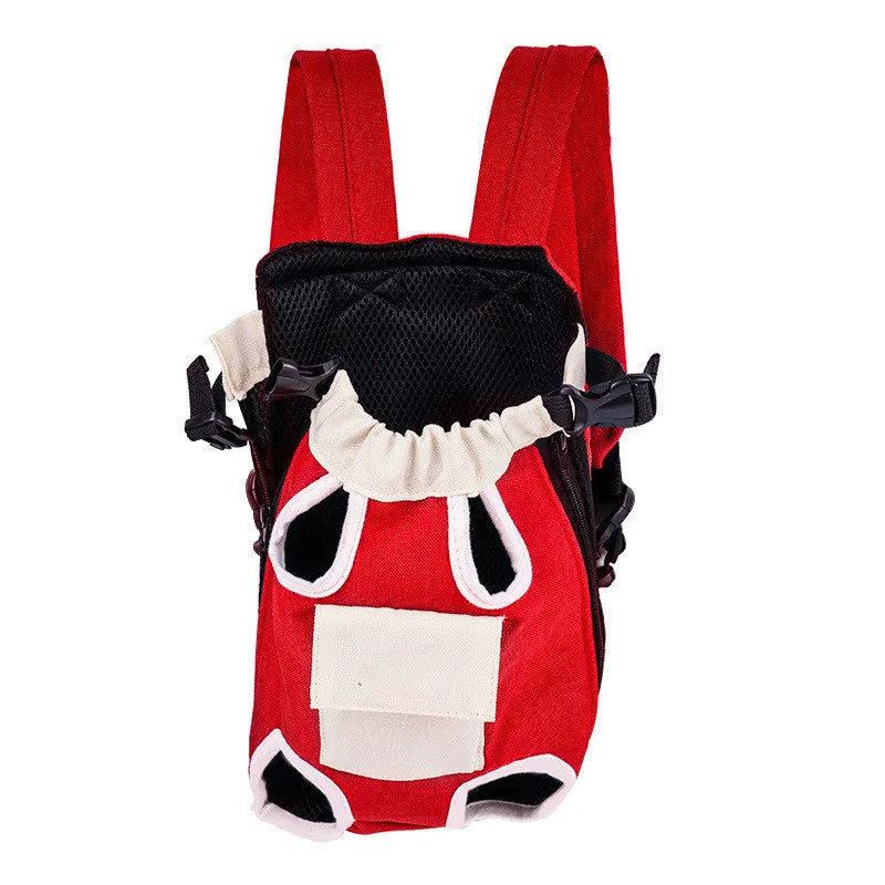 Canvas dog outing shoulder portable pet backpack in red and white with colour-matching trim, for small to medium dogs