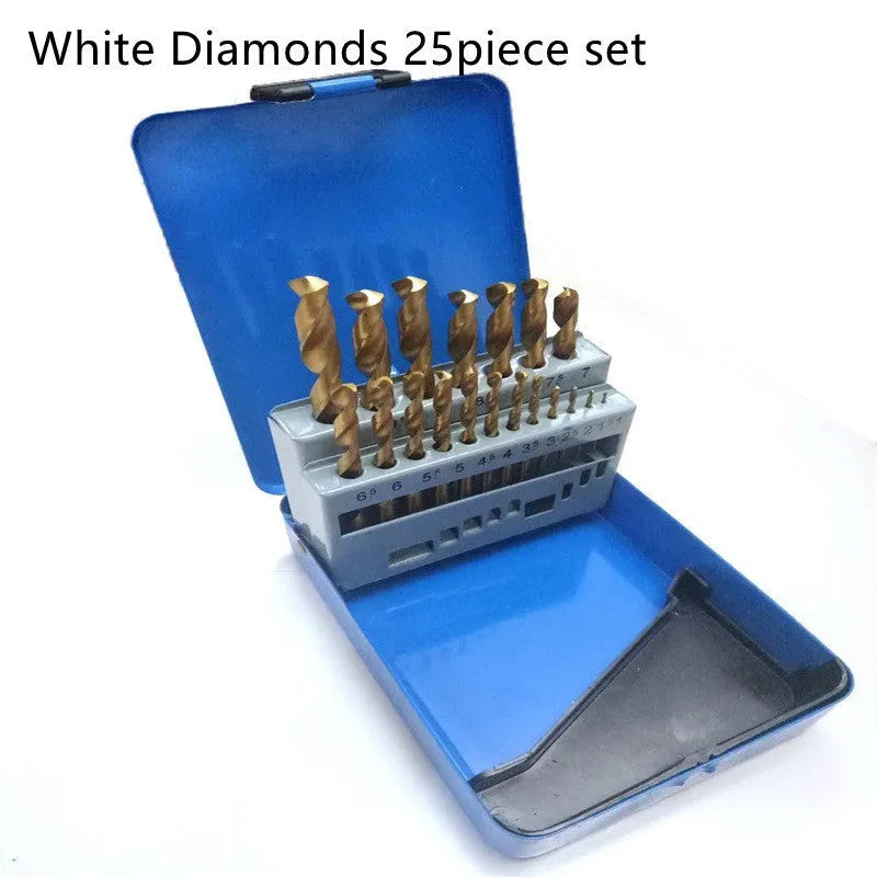 19-piece set of titanium-coated twist drill bits in an iron storage box