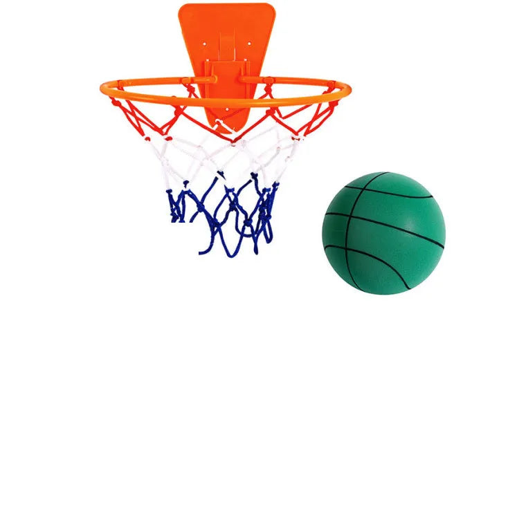 Assortment of bright coloured silent foam basketballs with a basketball frame on a neutral background