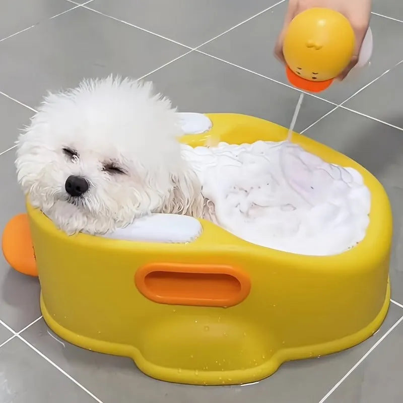 Blue PVC duck-shaped bath tub for washing small dogs and cats at home without electricity