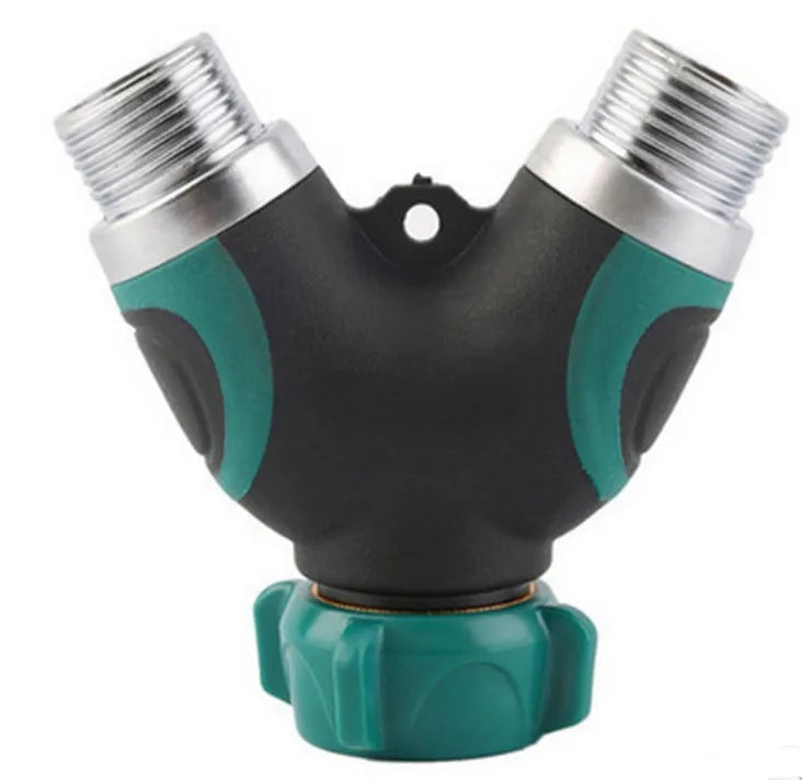 Y type double-pass splitter, green, plastic body with TPR encapsulation, zinc alloy outlets, 94x91x55mm